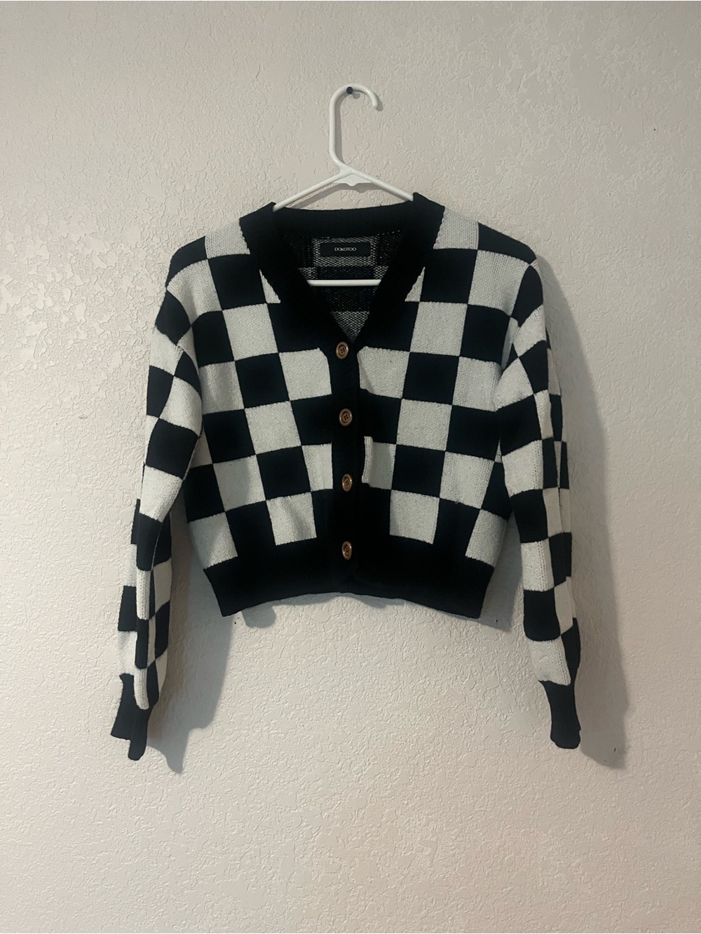 Checkerboard Cropped Cardigan Sweater - Black & White